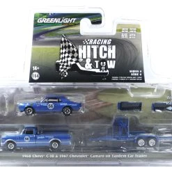 Greenlight 31140-A Chevrolet C-10 1968 + Chevy Camaro 1967 Blau Metallic - Racing Hitch & Tow 4 Maßs