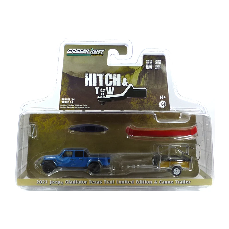 Greenlight 32240-C Jeep Gladiator Texas Trail Blau Metallic 2021 + Canoe Trailer - Hitch & Tow 24 Ma 1 Greenlight 32240-C Jeep Gladiator Texas Trail Blau Metallic 2021 + Canoe Trailer - Hitch & Tow 24 Ma
