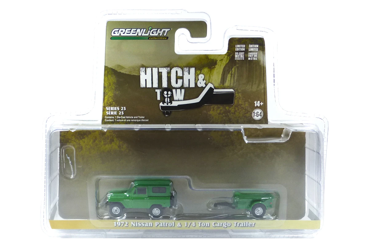 Greenlight 32250-A Nissan Patrol Grün 1972 + Cargo Trailer - Hitch & Tow 25 Maßstab 1:64 Modellauto 1 Greenlight 32250-A Nissan Patrol Grün 1972 + Cargo Trailer - Hitch & Tow 25 Maßstab 1:64 Modellauto