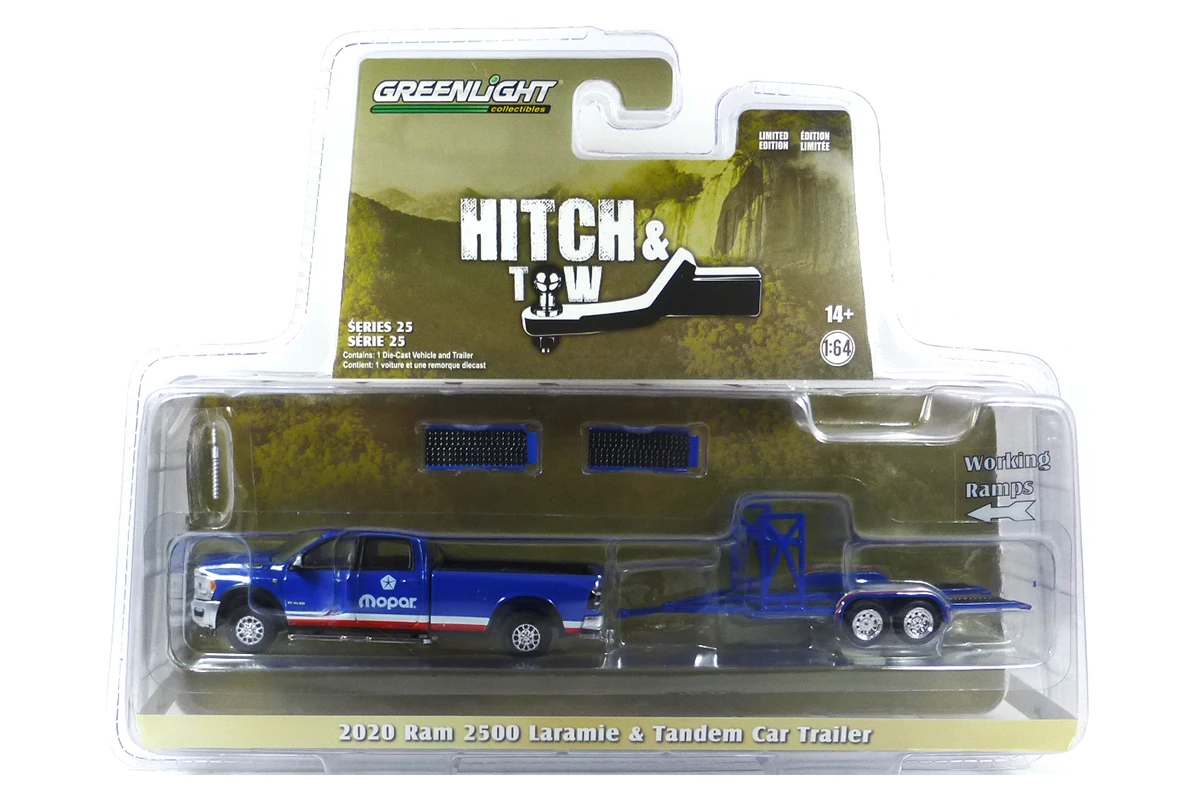 Greenlight 32250-D RAM 2500 Laramie "Mopar" Blau 2020 + Tandem Car Trailer - Hitch & Tow 25 Maßstab 1 Greenlight 32250-D RAM 2500 Laramie "Mopar" Blau 2020 + Tandem Car Trailer - Hitch & Tow 25 Maßstab